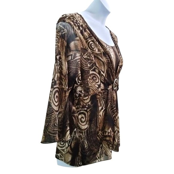 Nicola Woman Top Size 1X Brown Black Abstract Pattern Buckle Detail 3/4 Sleeves - Picture 5 of 10